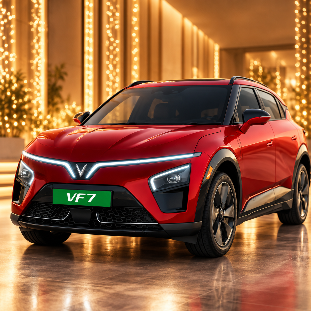 VinFast VF 7 with festive lights